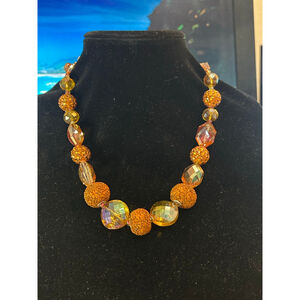 Women's artisan made, Orange Gold Beaded Necklace One Size